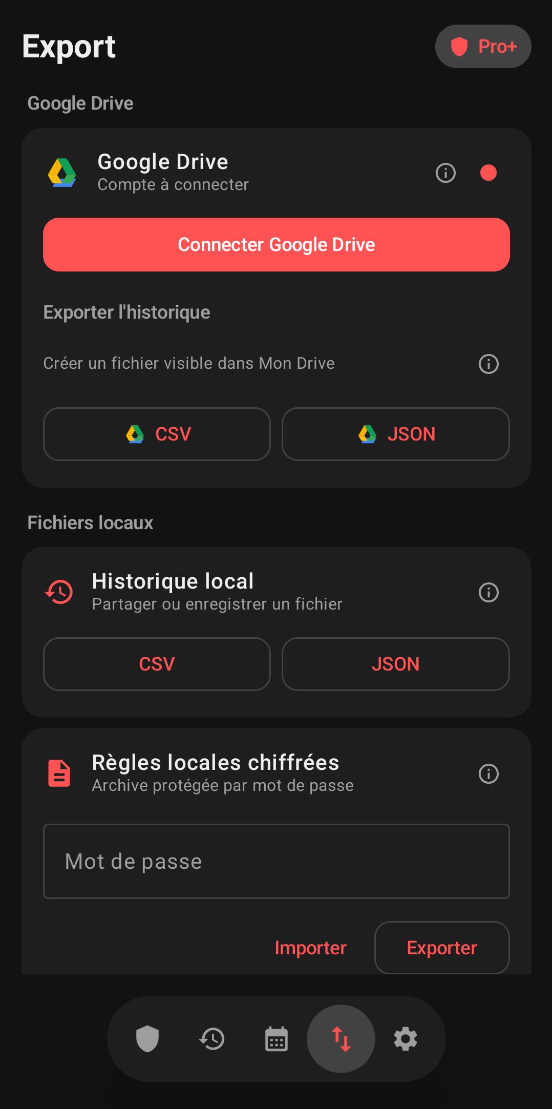 Écran d’export des données Vigie